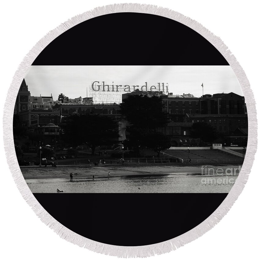 Ghirardelli Square Round Beach Towel featuring the photograph Ghirardelli Square in Black and White by Linda Woods