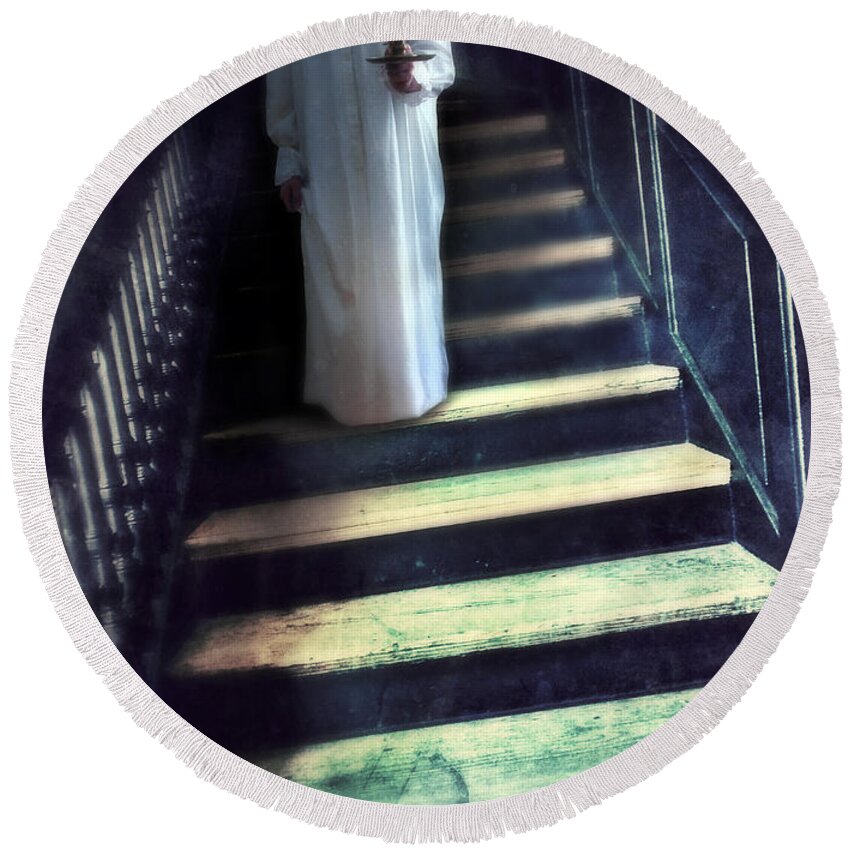 Woman Round Beach Towel featuring the photograph Girl in Nightgown on Steps by Jill Battaglia