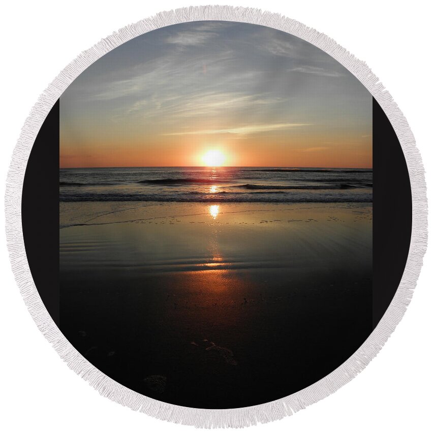Sunrise Round Beach Towel featuring the photograph Glowing From Sky Too Beach by Kim Galluzzo