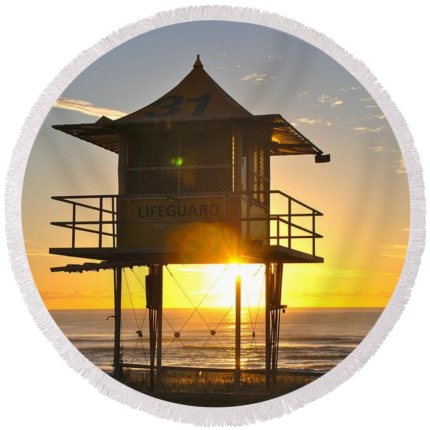 Life Guard Round Beach Towel featuring the photograph Gold Coast Life Guard Tower by Eric Tressler