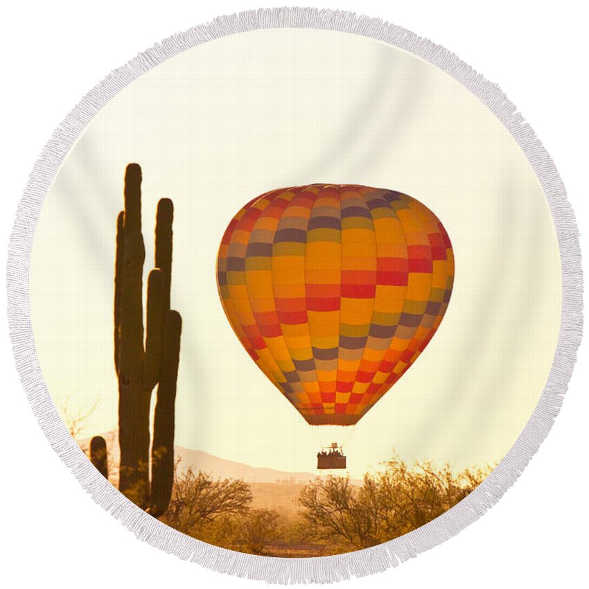 Arizona Round Beach Towel featuring the photograph Golden Light Hot Air Balloon And Saguaro Cactus by James BO Insogna