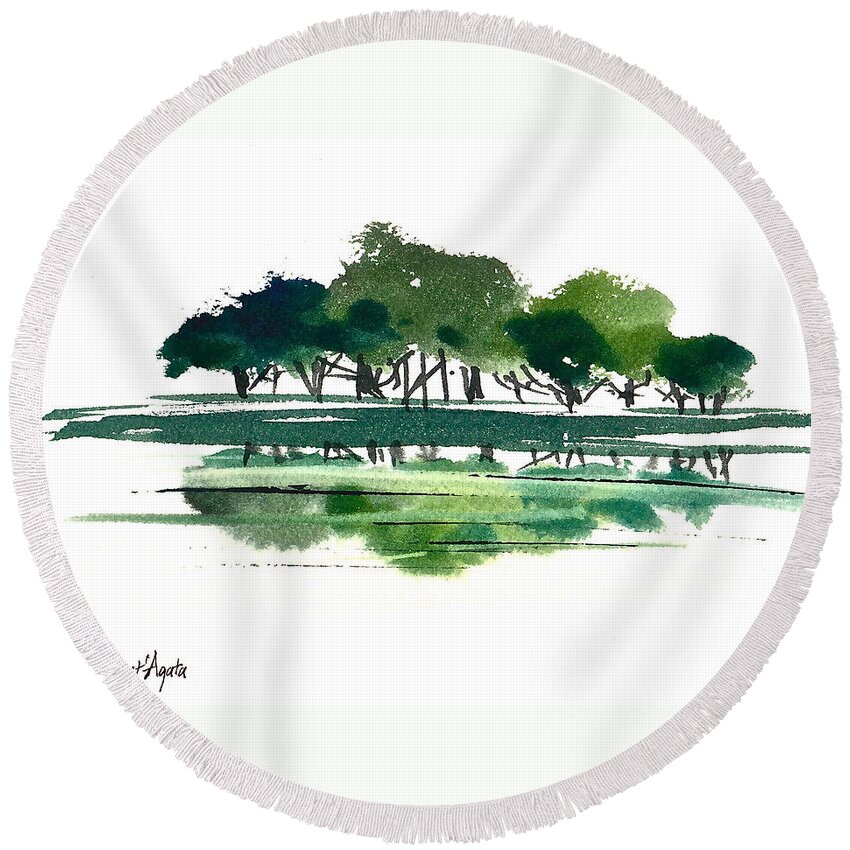 Tree Round Beach Towel featuring the painting Green Lake Forest by Frank SantAgata