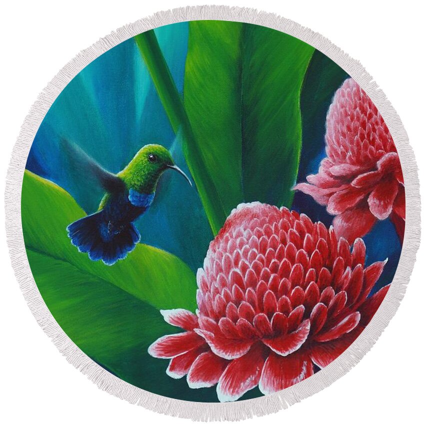 Green-throated Carib Round Beach Towel featuring the painting Green-throated Carib and torch lilies by Christopher Cox