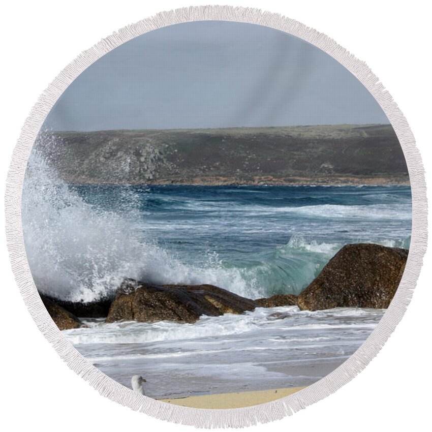 Seagull Round Beach Towel featuring the photograph Gull on the sand by Linsey Williams