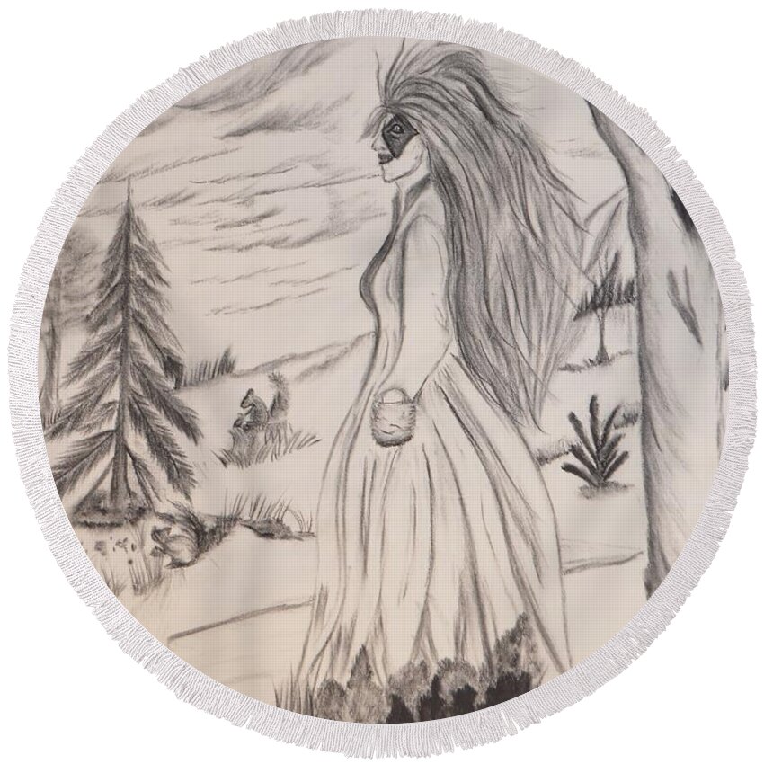 Halloween Round Beach Towel featuring the drawing Halloween Witch Walk by Maria Urso