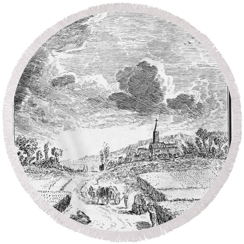 18th Century Round Beach Towel featuring the photograph HARVESTING, 18th CENTURY by Granger