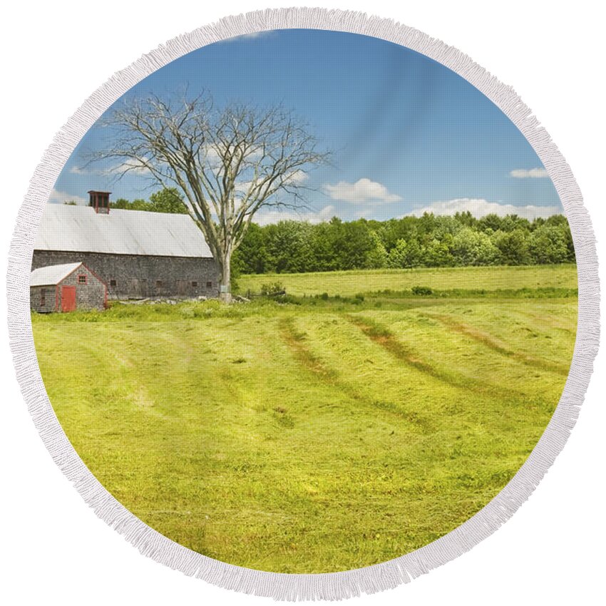 Farm Round Beach Towel featuring the photograph Hay Being Harvested Near Barn In Maine by Keith Webber Jr