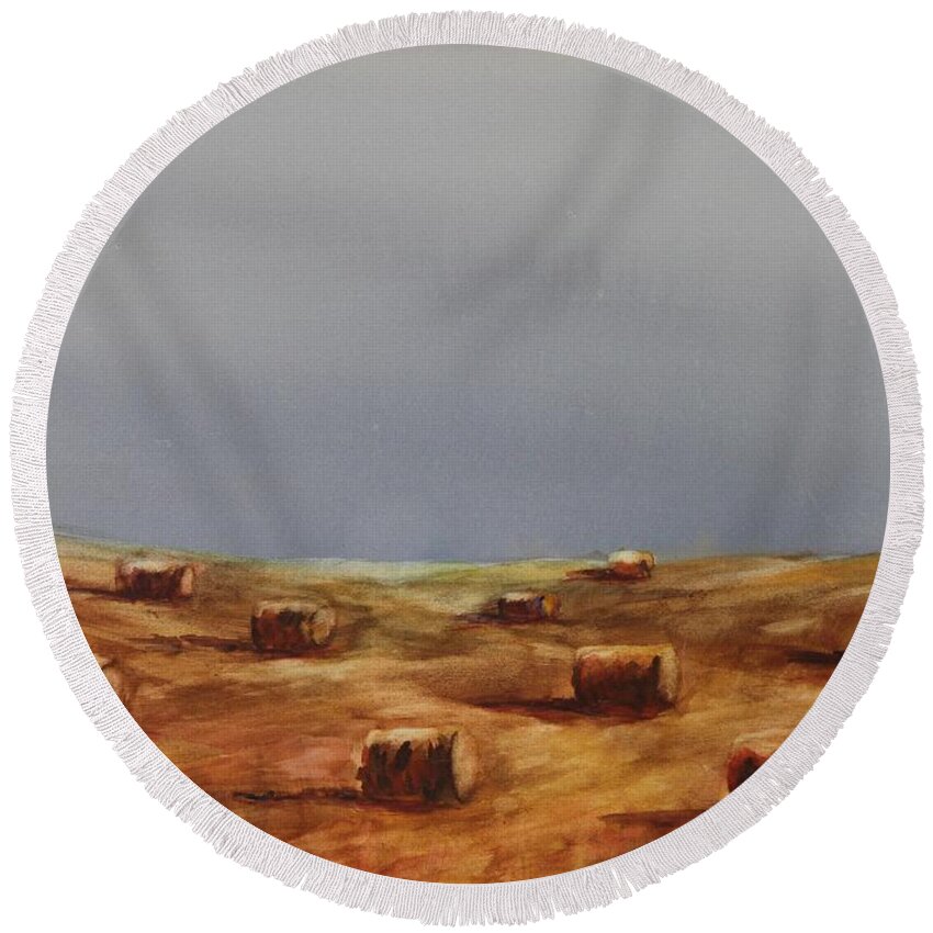 Bales Round Beach Towel featuring the painting Hayfield by Ruth Kamenev