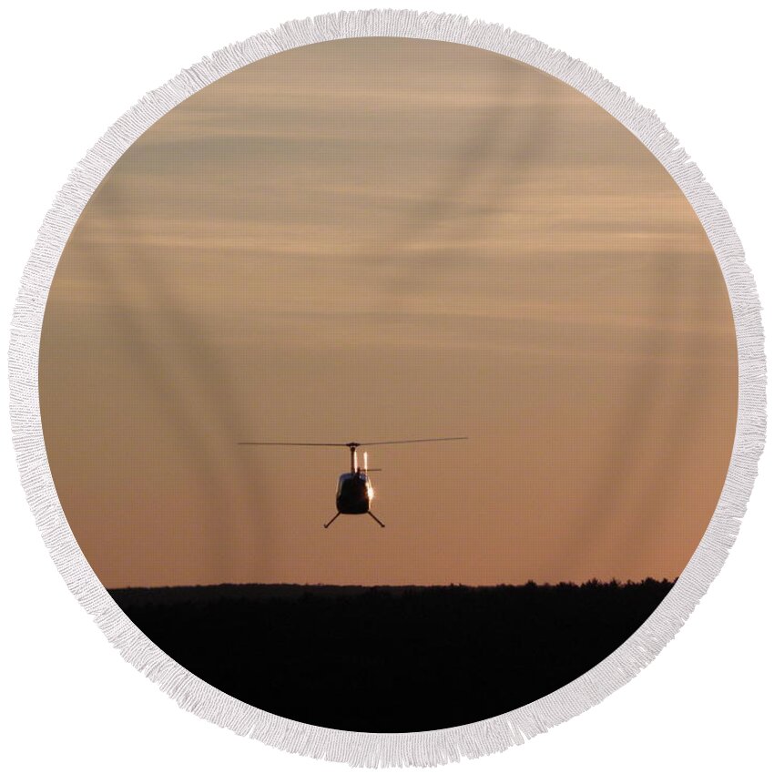 Helicopter Round Beach Towel featuring the photograph Helicopter Flyover At Sunset by Kim Galluzzo