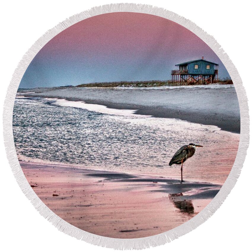 Alabama Photographer Round Beach Towel featuring the digital art Heron and Beach House by Michael Thomas