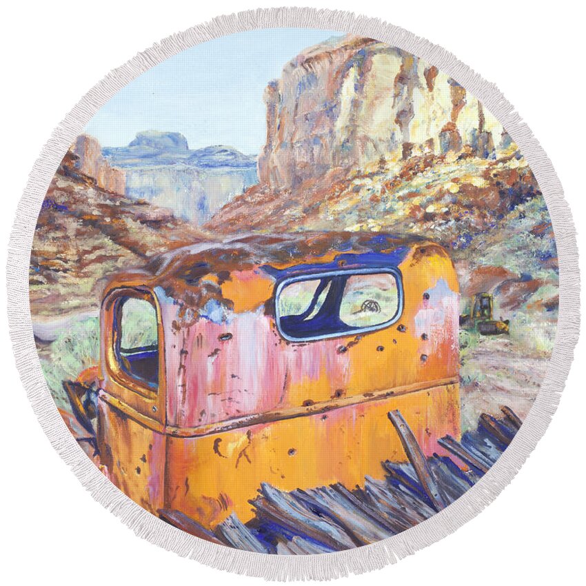Truck Round Beach Towel featuring the painting Hey Joe Relic by Page Holland