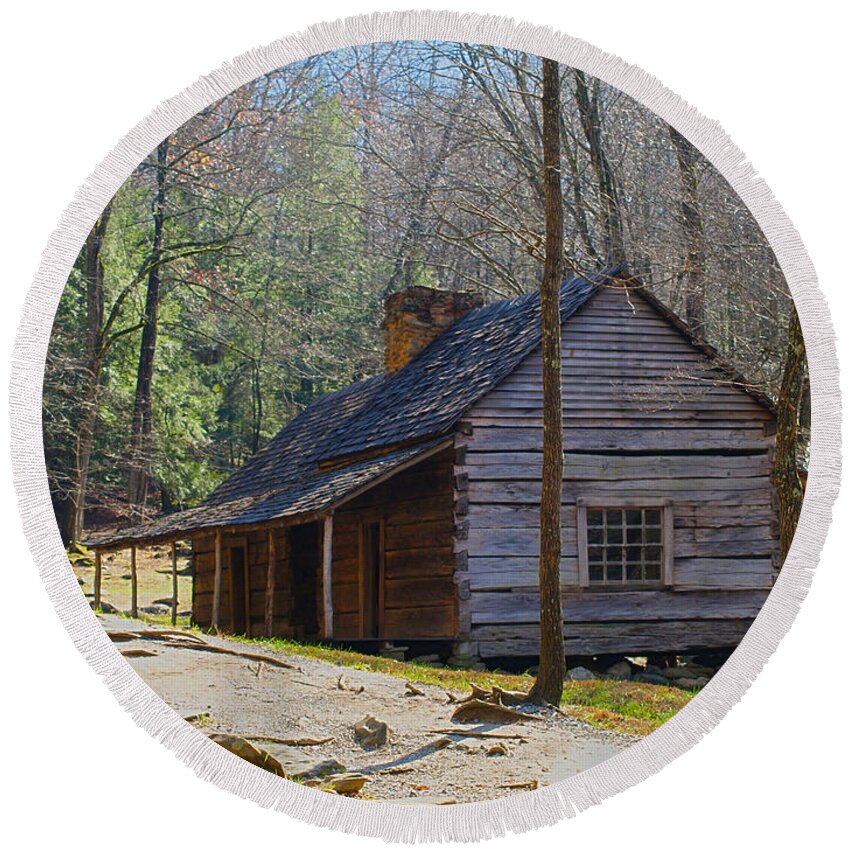 Cabin Round Beach Towel featuring the photograph Historic Cabin on Roaring Fork Motor Trail in Gatlinburg Tennessee by Peter Ciro