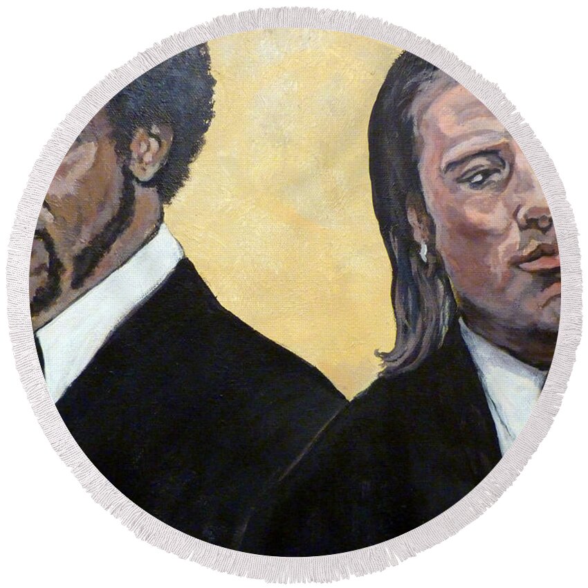 Pulp Fiction Round Beach Towel featuring the painting Hit Men by Tom Roderick