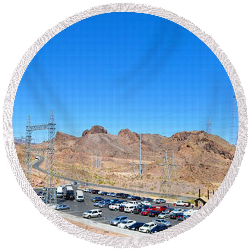 Lake Meade Round Beach Towel featuring the photograph Visitors parking lot for Great Bridge at Hoover Dam by Dejan Jovanovic