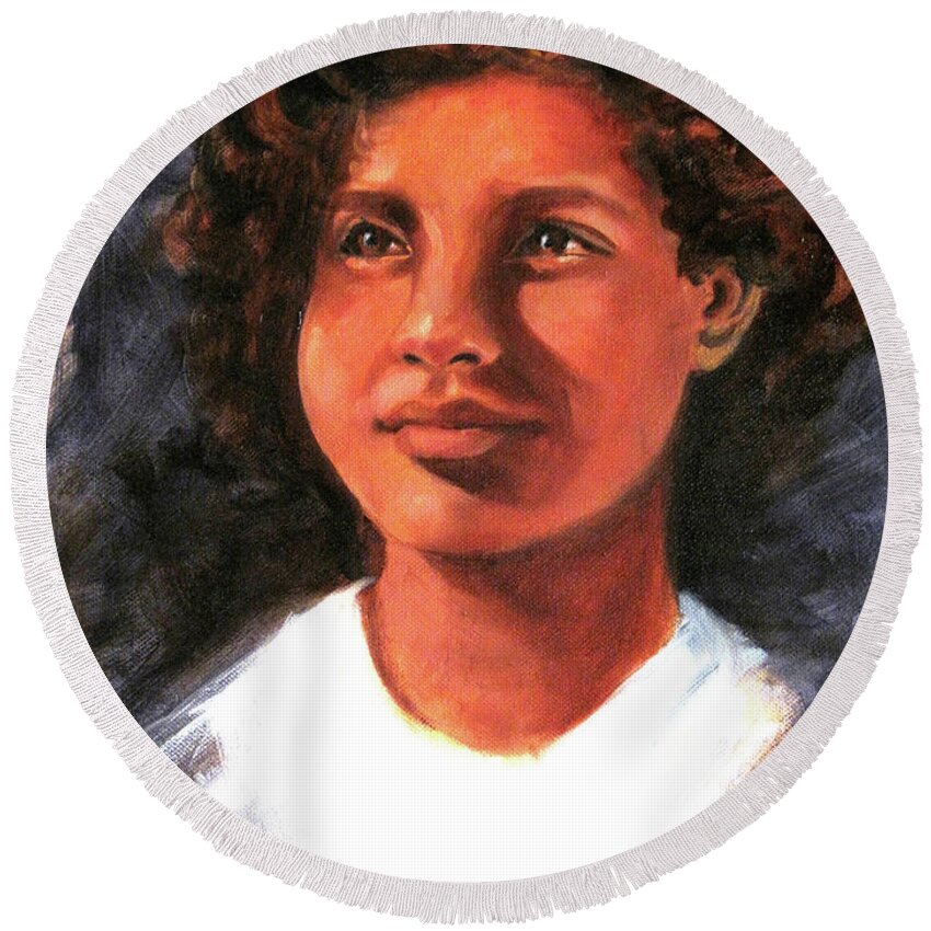 Young Boy Round Beach Towel featuring the painting Hope by Asha Sudhaker Shenoy