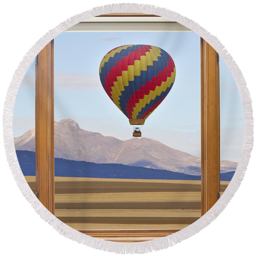 'hot Air Balloons' Round Beach Towel featuring the photograph Hot Air Balloon Colorado Wood Picture Window Frame Photo Art Vie by James BO Insogna