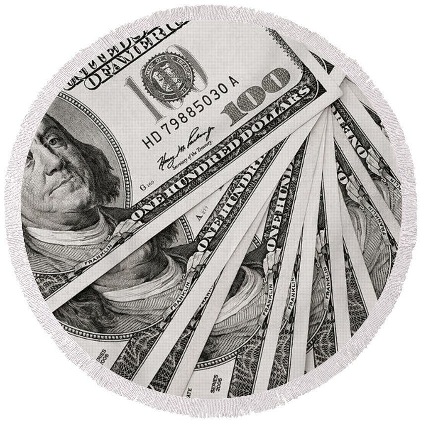 Accountant Round Beach Towel featuring the photograph Hundred Dollar Bills by Joe Carini - Printscapes
