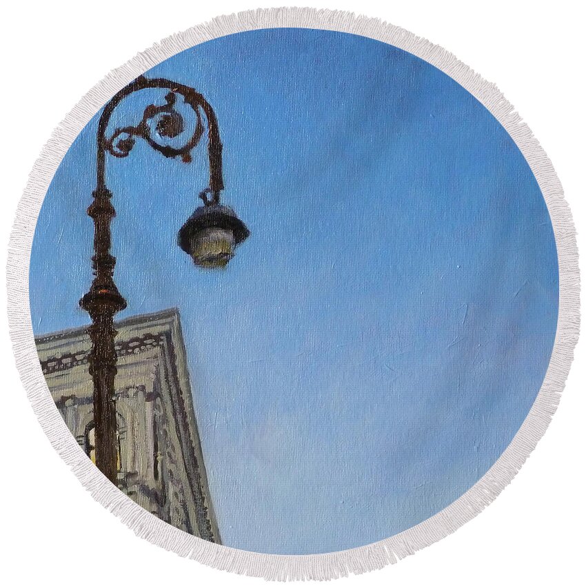 Landscape Round Beach Towel featuring the painting Hybrid Lamppost on Canal Street by Peter Salwen