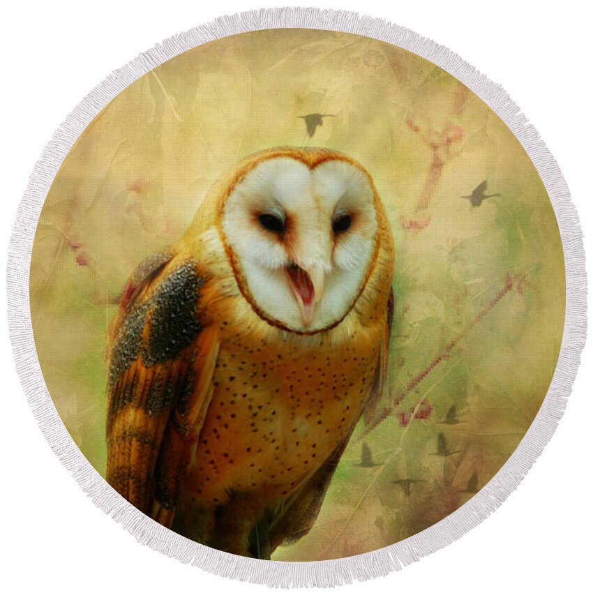  Round Beach Towel featuring the photograph I Will Make You Smile Owl by Peggy Franz
