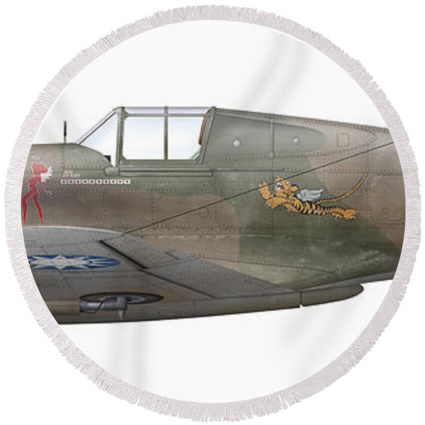 Livery Round Beach Towel featuring the digital art Illustration Of A Curtiss P40-c Warhawk by Chris Sandham-Bailey