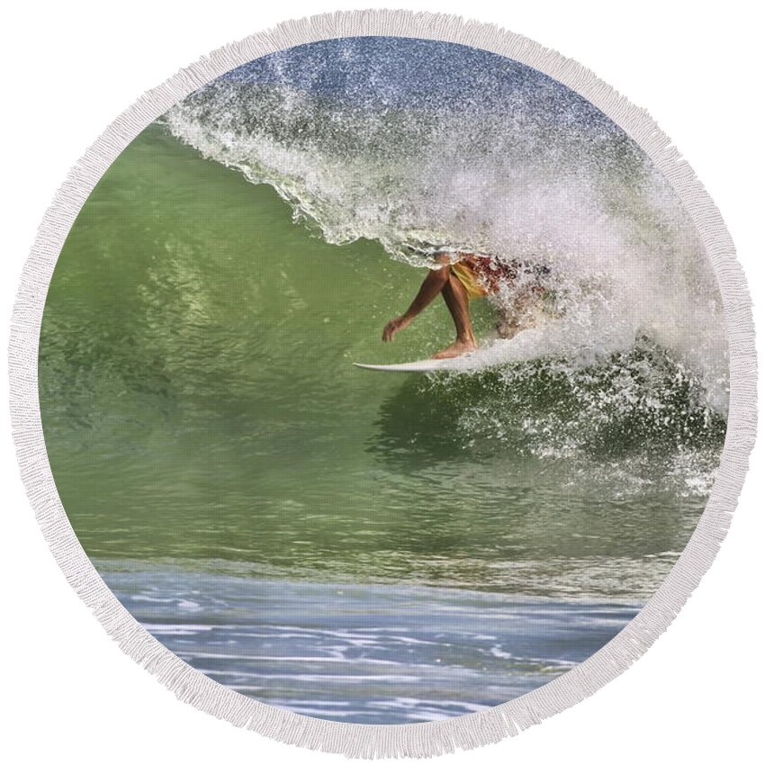 Surfer Round Beach Towel featuring the photograph In The Tube At Ponce by Deborah Benoit