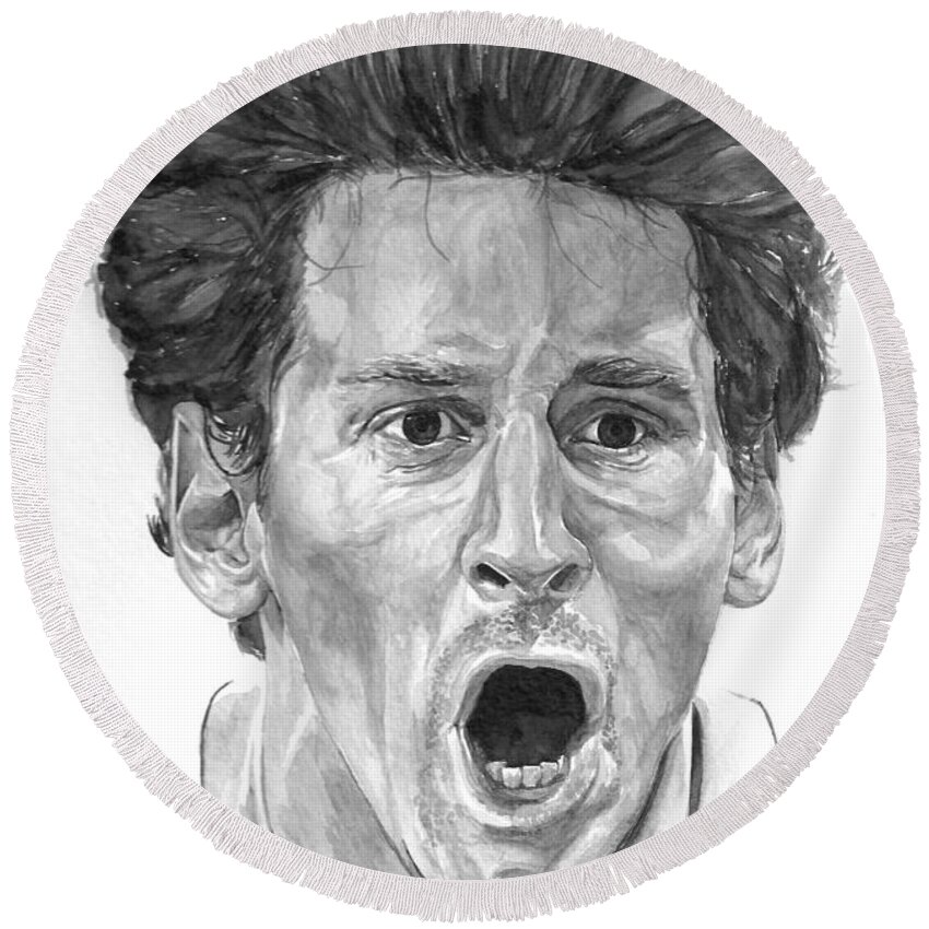 Soccer Round Beach Towel featuring the painting Intensity Lionel Messi by Tamir Barkan