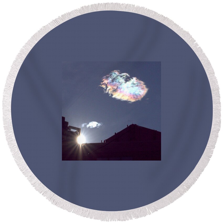 Iridescent Round Beach Towel featuring the photograph Iridescent Cloud by Farol Tomson