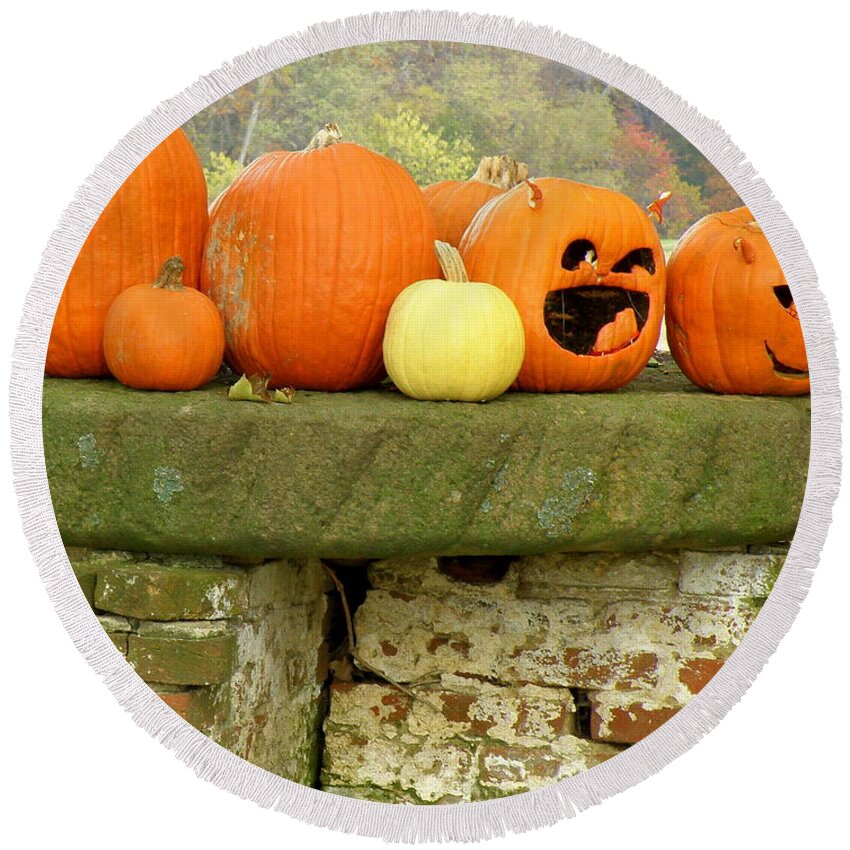 Pumpkins Round Beach Towel featuring the photograph Jack-0-Lanterns by Lainie Wrightson