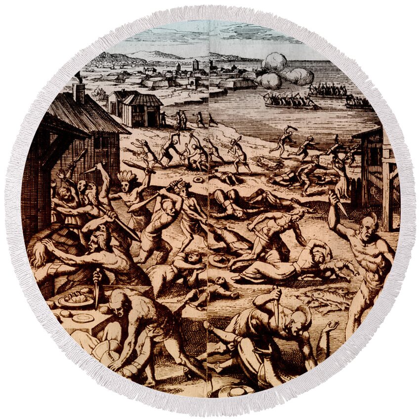 History Round Beach Towel featuring the photograph Jamestown Massacre, 1622 by Photo Researchers