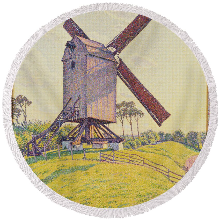 Le Moulin De Kalf Round Beach Towel featuring the painting Kalf Mill by Theo van Rysselberghe