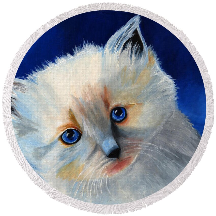 Kitten Round Beach Towel featuring the painting Kitten in Blue by Vic Ritchey