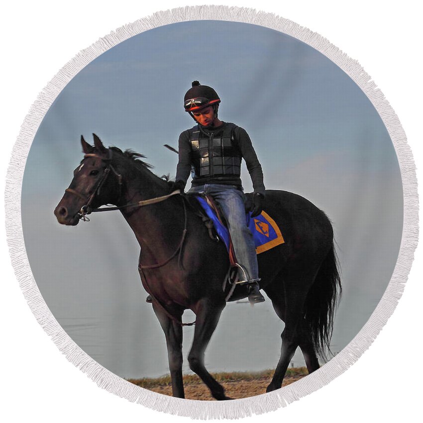 Thorougbred Race Horse Round Beach Towel featuring the photograph Knight Jockey by PJQandFriends Photography