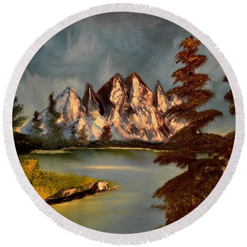 Mountains Round Beach Towel featuring the painting LakeView by Maria Urso