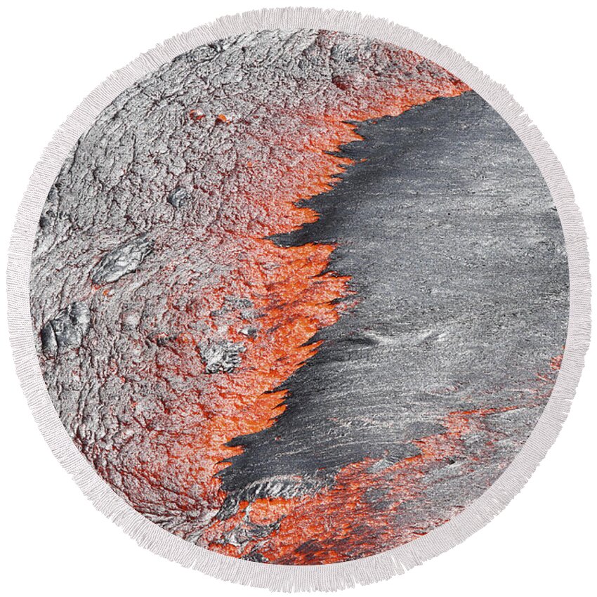 Volcanic Activity Round Beach Towel featuring the photograph Lava Flowing From Under Crust Of Lava by Richard Roscoe