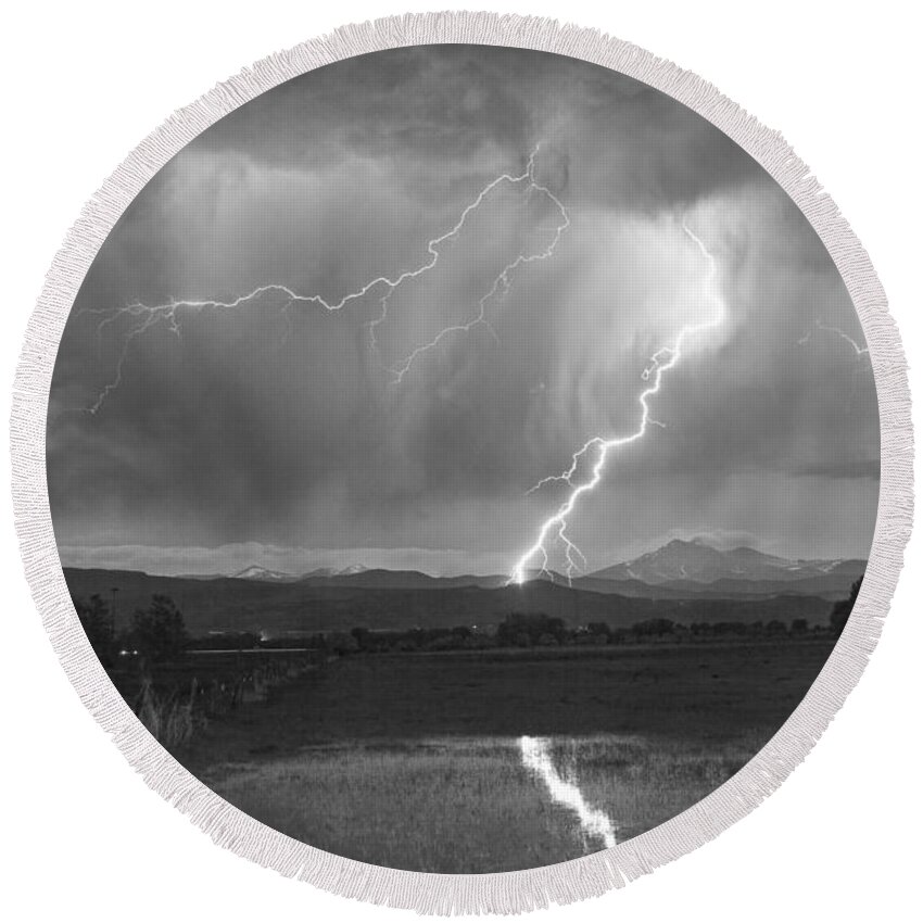 Awesome Round Beach Towel featuring the photograph Lightning Striking Longs Peak Foothills 2BW by James BO Insogna