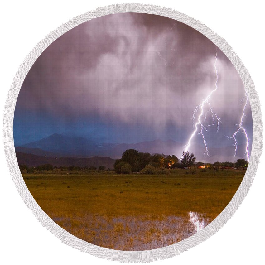 Lightning Round Beach Towel featuring the photograph Lightning Striking Longs Peak Foothills 8C by James BO Insogna