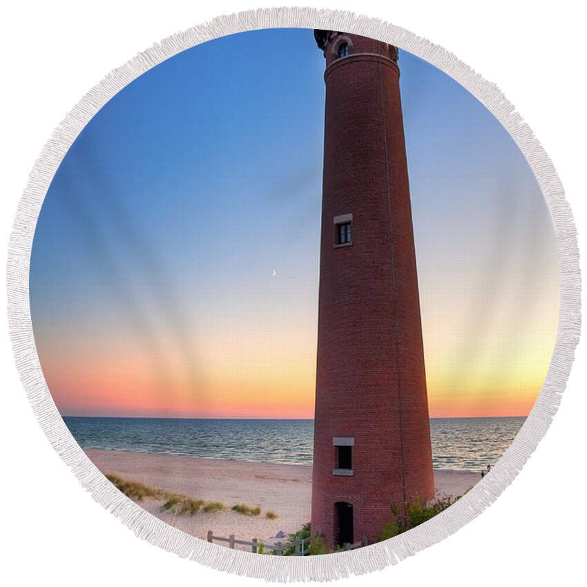 Beach Round Beach Towel featuring the photograph Little Sable Point Light Station by Larry Carr