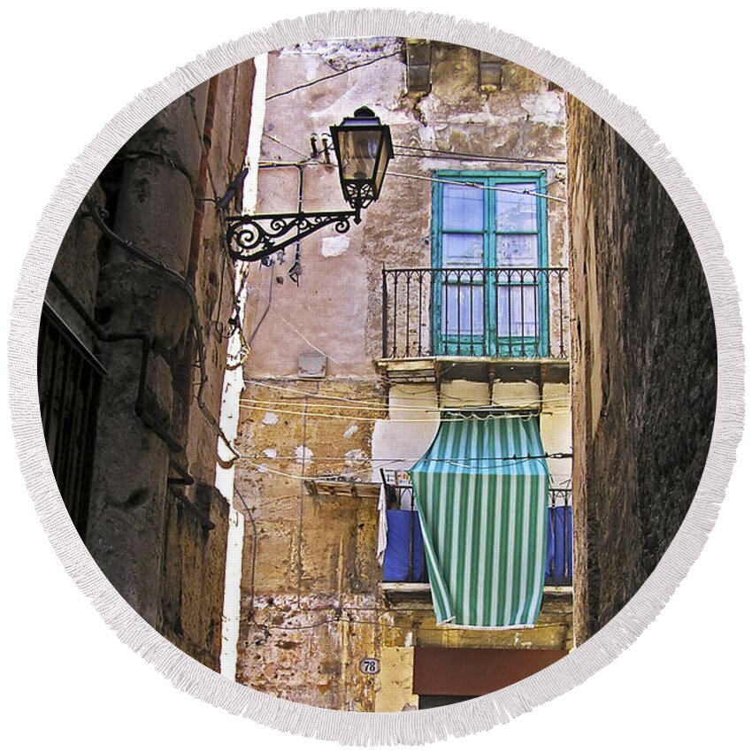 Little Street Of Palermo Round Beach Towel featuring the photograph Little street of PALERMO by Silva Wischeropp