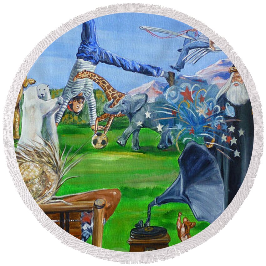 Creedence Clearwater Revival Round Beach Towel featuring the painting Looking Out My Back Door by Bryan Bustard