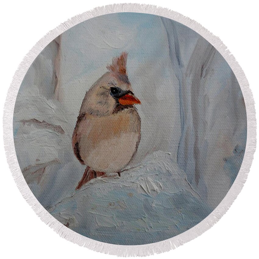Cardinal Round Beach Towel featuring the painting Mama's On Her Way Home by Julie Brugh Riffey