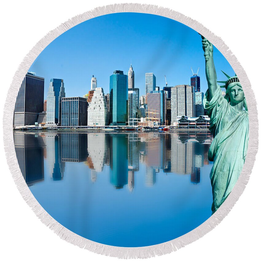 America Round Beach Towel featuring the photograph Manhattan Liberty by Luciano Mortula