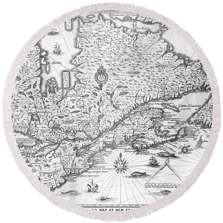 1632 Round Beach Towel featuring the photograph Map: New France, 1632 by Granger