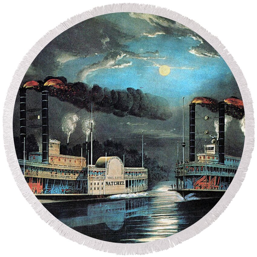 Lithograph Round Beach Towel featuring the photograph Midnight Race On The Mississippi 1854 by Photo Researchers