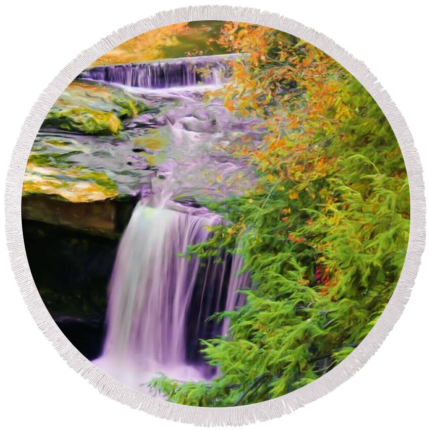 Mill Creek Metropark Round Beach Towel featuring the painting Mill Creek Waterfall by Michelle Joseph-Long