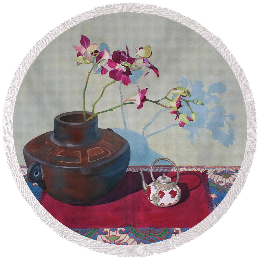 Jan Lawnikanis Round Beach Towel featuring the painting Miniature Teapot Still-Life by Jan Lawnikanis