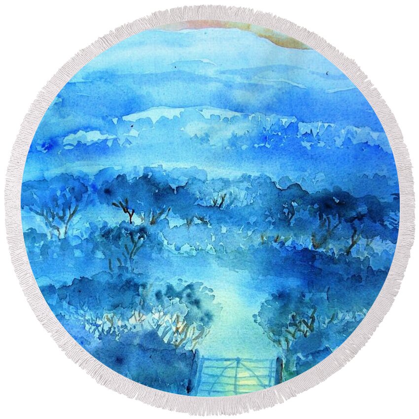 Mist Round Beach Towel featuring the painting Misty Morning Ireland by Trudi Doyle