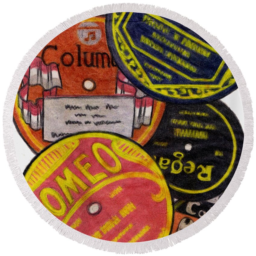 Ostalgia Round Beach Towel featuring the drawing More Old Record Labels by Mel Thompson