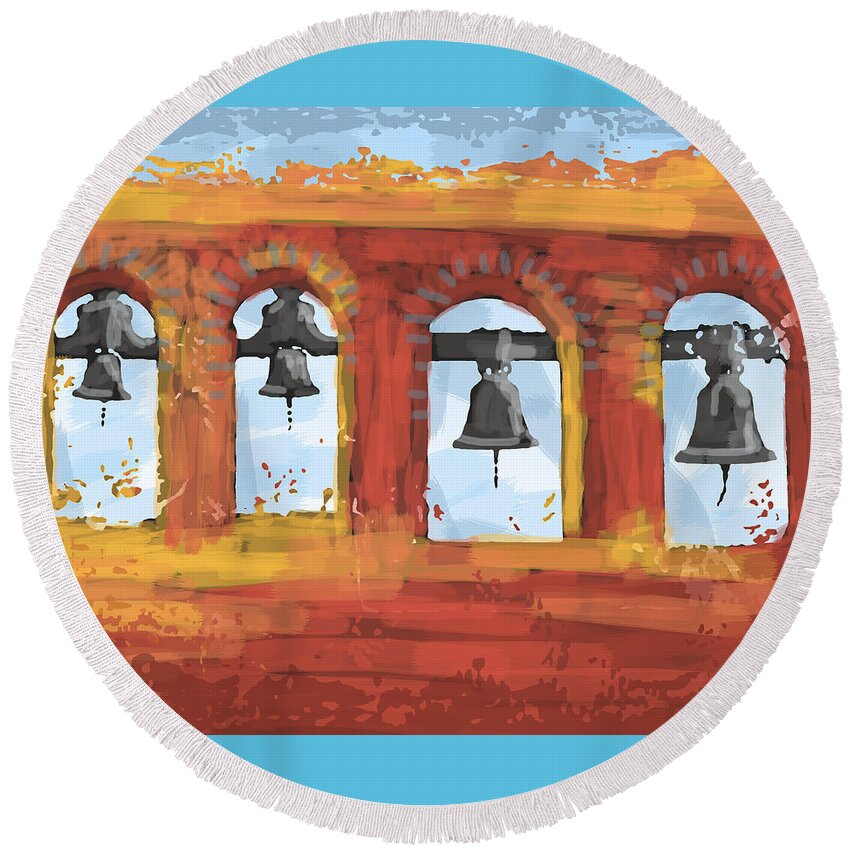 Bells Round Beach Towel featuring the painting Morning Mission Bells by Alison Stein