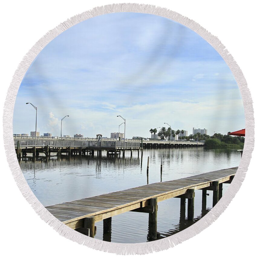 Waterscape Round Beach Towel featuring the photograph Morning On The Dock by Deborah Benoit