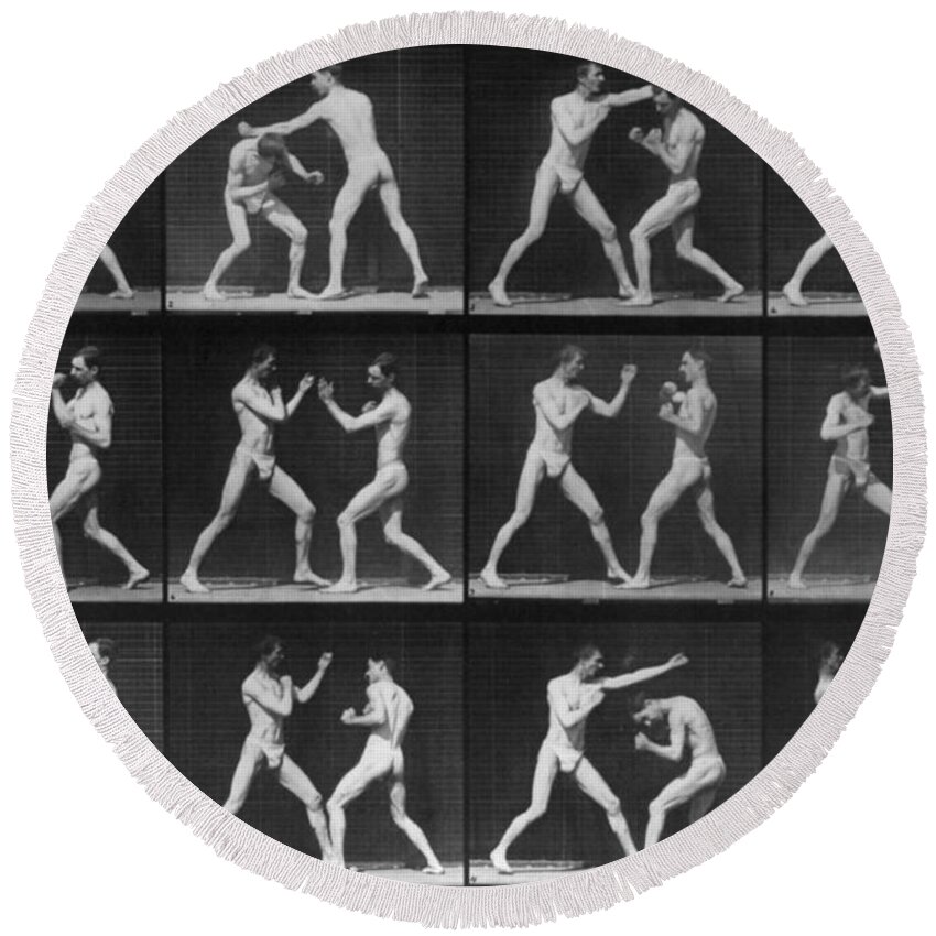 Technology Round Beach Towel featuring the photograph Muybridge Locomotion, Men Boxing, 1887 by Photo Researchers